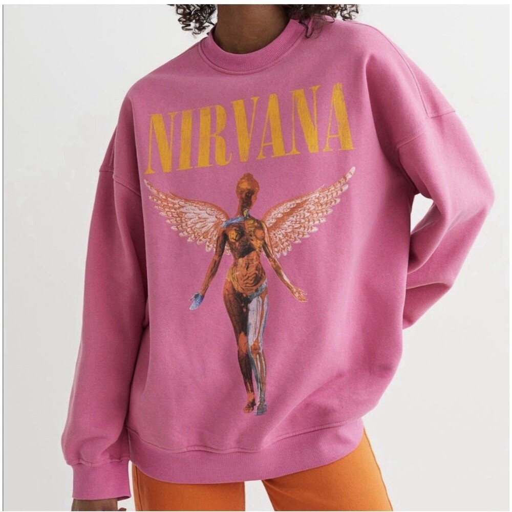 H&M Nirvana In Utero Crewneck Sweatshirt Women Medium Oversized Pink Music - Picture 9 of 9